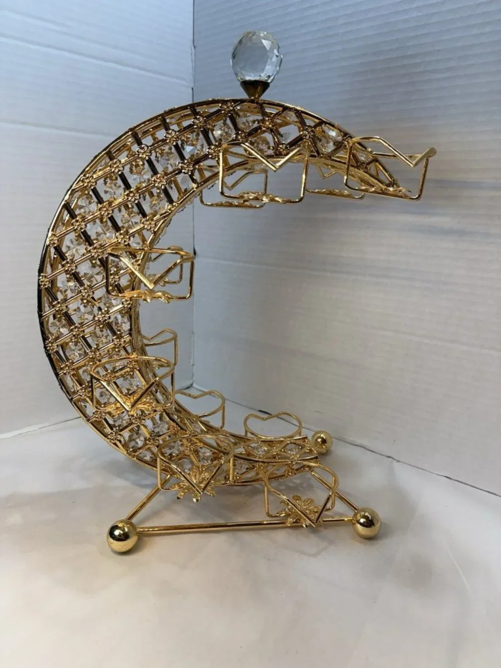 Gold Crystal Crescent Moon Arabic Qahwa Coffee Cup Holder Display Stand